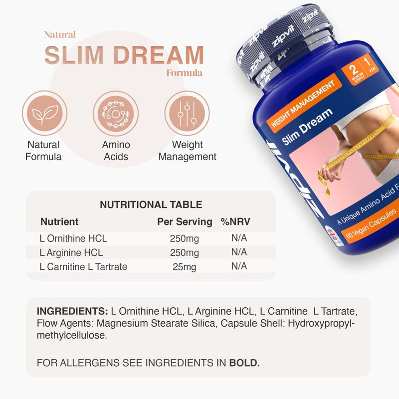 Slim Dream bottle tilted to the right beside a panel listing natural formula amino acids and weight management icons