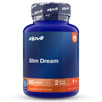 A blue plastic bottle of zipvit Slim Dream dietary supplement with a dark blue cap, featuring white and orange text on a clean white background.