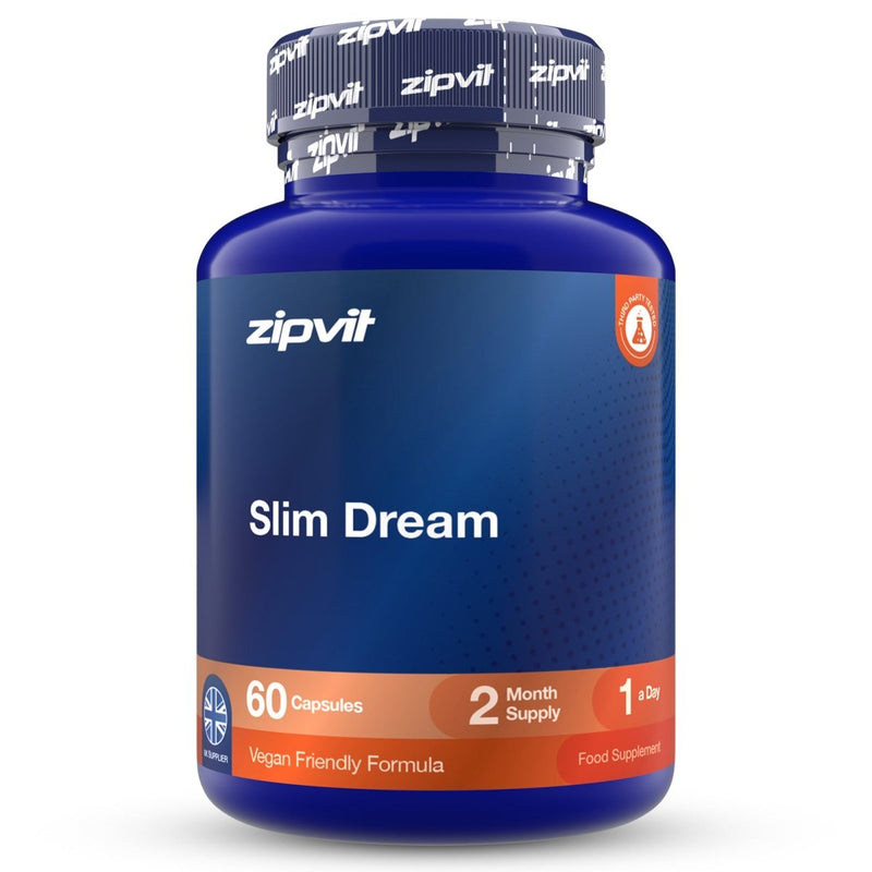 A blue plastic bottle of zipvit Slim Dream dietary supplement with a dark blue cap, featuring white and orange text on a clean white background.