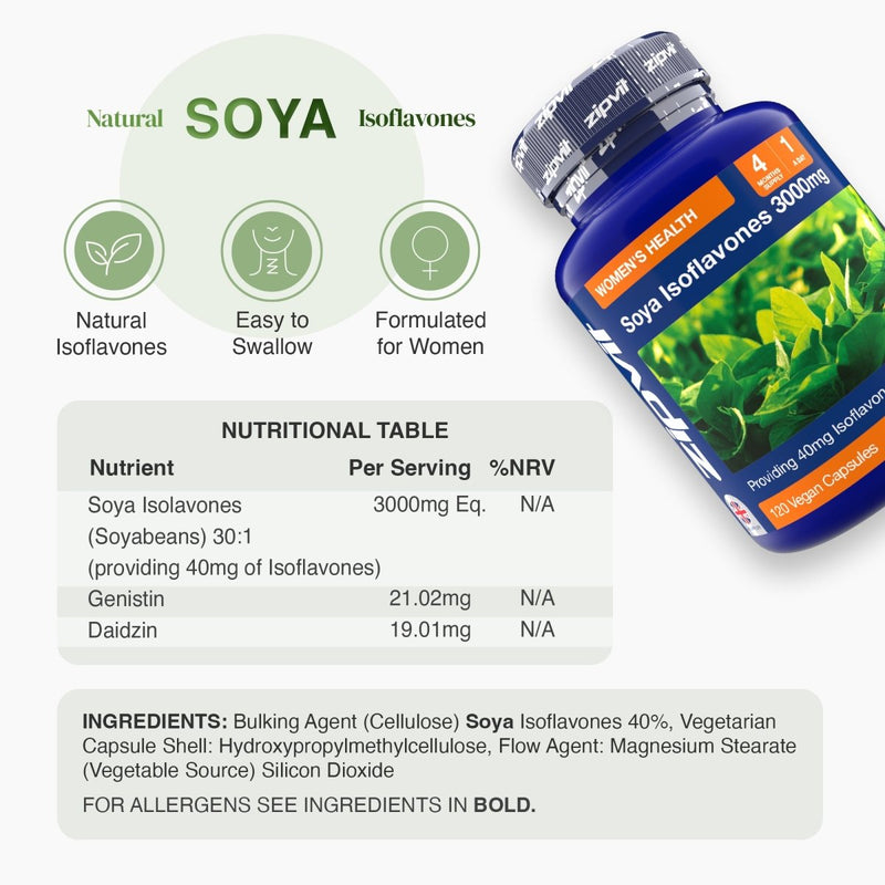 Blue bottle of Soya Isoflavones 3000mg angled beside a pile of soybeans.