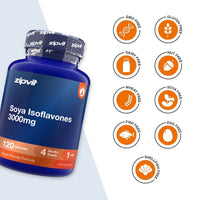 A blue bottle of zipvit Soya Isoflavones 3000mg capsules shown on a white background with multiple orange circular icons highlighting product attributes such as GMO free, gluten free, dairy free, nut free, wheat free, soy free, fish free, egg free, and shellfish free.