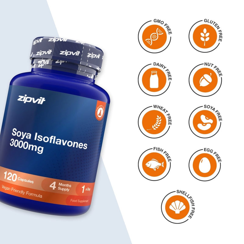 A blue bottle of zipvit Soya Isoflavones 3000mg capsules shown on a white background with multiple orange circular icons highlighting product attributes such as GMO free, gluten free, dairy free, nut free, wheat free, soy free, fish free, egg free, and shellfish free.