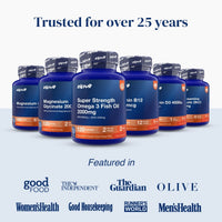 Six blue supplement bottles from zipvit arranged in a row on a light gray background, with promotional text above and featured media logos below.