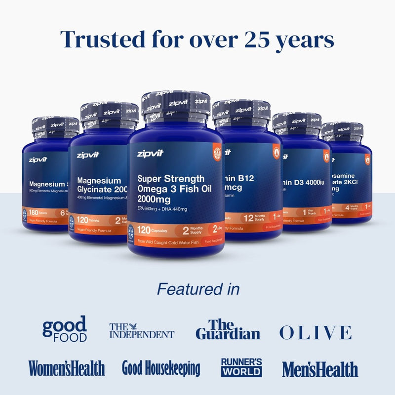 Six blue supplement bottles from zipvit arranged in a row on a light gray background, with promotional text above and featured media logos below.
