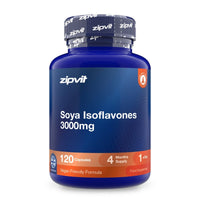 A blue plastic bottle of zipvit Soya Isoflavones 3000mg capsules, featuring a dark blue label with white text and an orange accent band at the bottom, set against a plain white background.
