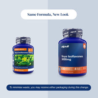 Two blue supplement bottles of zipvit Soya Isoflavones 3000mg capsules shown on a light blue background with text reading 'Same Formula, New Look' and a note about minimizing waste.