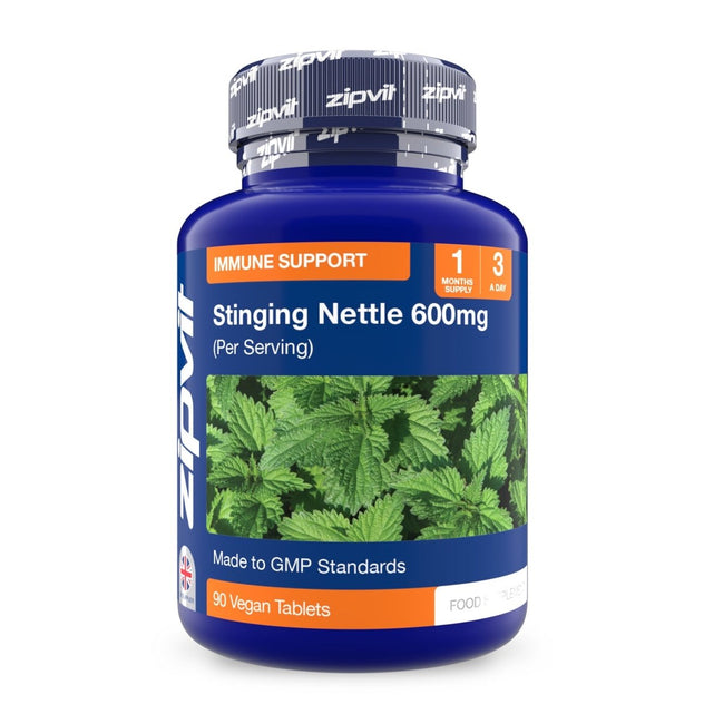 Stinging Nettle 600mg bottle close up showing nettle leaves on the label and immune support tag