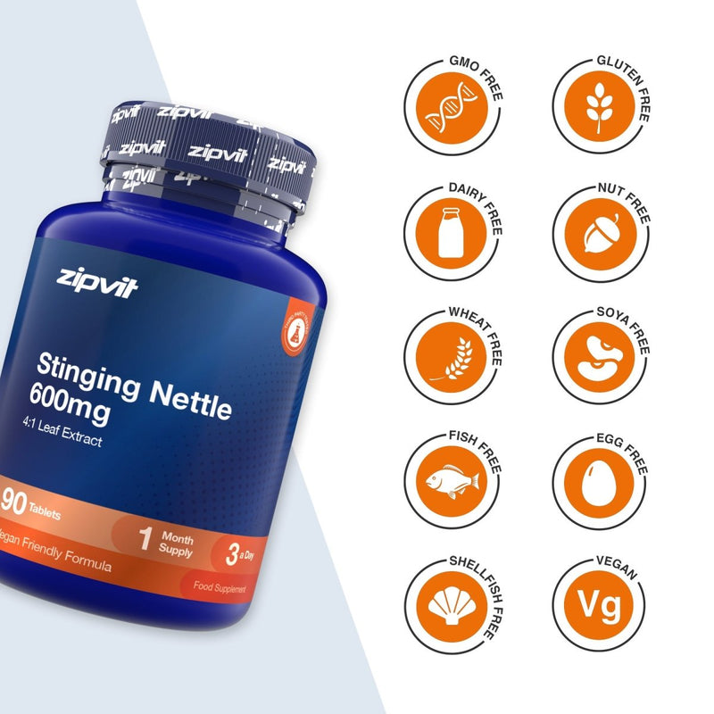 A blue bottle of zipvit Stinging Nettle 600mg dietary supplement shown on a white background with multiple orange circular badges indicating product attributes such as GMO free, gluten free, dairy free, nut free, wheat free, soy free, fish free, egg free, shellfish free, and vegan.