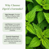 Split layout showing Why Choose Zipvit's Formula text on the left and a close-up of bright nettle leaves on the right