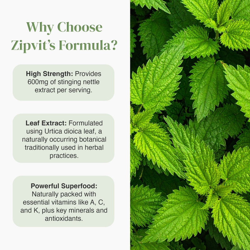 Split layout showing Why Choose Zipvit's Formula text on the left and a close-up of bright nettle leaves on the right