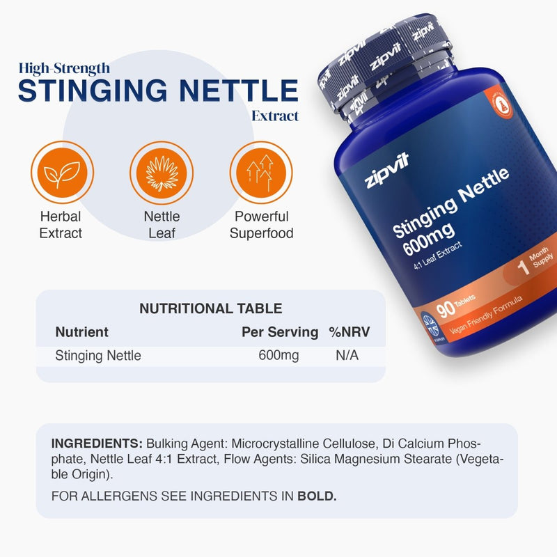 A bottle of zipvit Stinging Nettle 600mg dietary supplement shown on a light gray background with product information, icons, and a nutritional table.