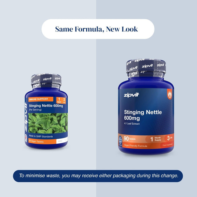 Two blue supplement bottles of zipvit Stinging Nettle 600mg shown side by side on a light gray background, with text reading 'Same Formula, New Look' and a note about minimizing waste.