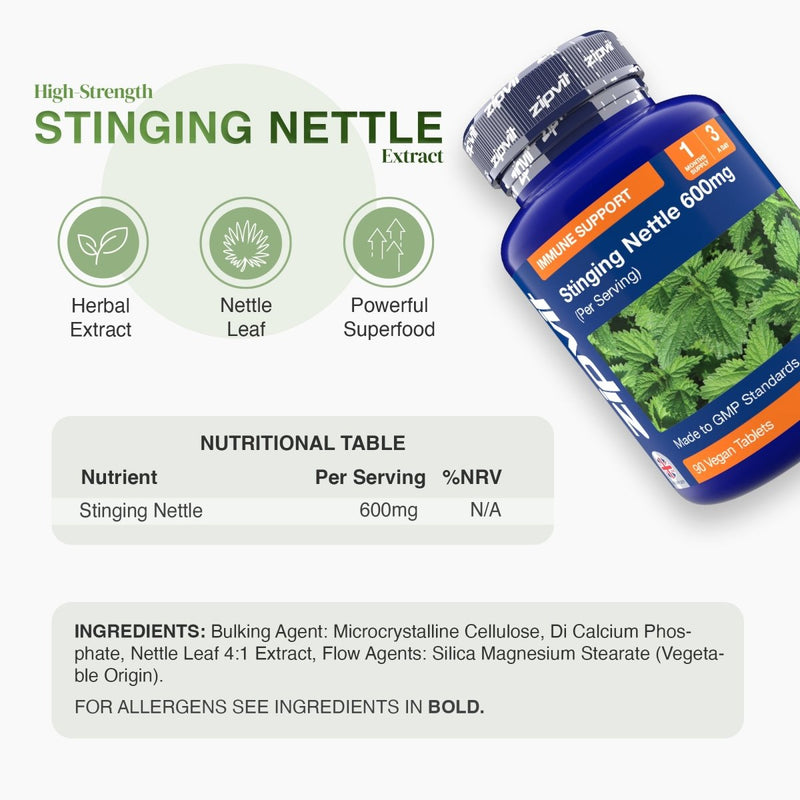 Blue Stinging Nettle 600mg bottle tilted beside a dense bed of nettle leaves
