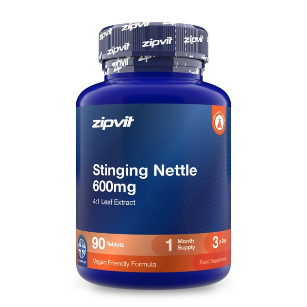 A blue plastic bottle of zipvit Stinging Nettle 600mg tablets, featuring a dark blue and orange label with white text, on a clean white background.