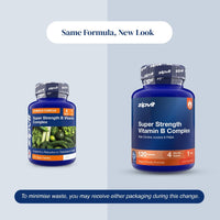 Two blue supplement bottles of zipvit Super Strength Vitamin B Complex shown on a light gray background with text reading 'Same Formula, New Look' and a note about minimizing waste.