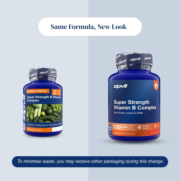 Two blue supplement bottles of zipvit Super Strength Vitamin B Complex shown on a light gray background with text reading 'Same Formula, New Look' and a note about minimizing waste.