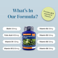 Infographic detailing formula ingredients around a central Super Strength B Vitamin Complex bottle with Biotin Folic Acid B1 B12 on left and B2 B3 B5 B6 on right.