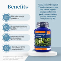 Blue bottle labeled Super Strength B Vitamin Complex with a vegetable collage on the label.