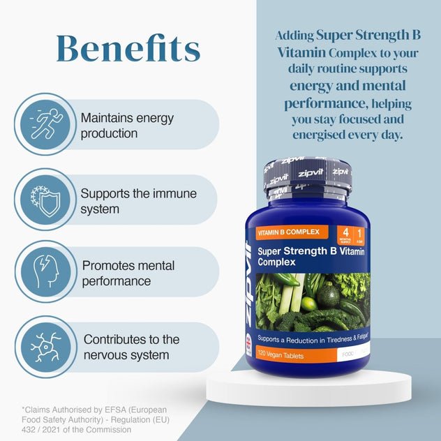 Blue bottle labeled Super Strength B Vitamin Complex with a vegetable collage on the label.
