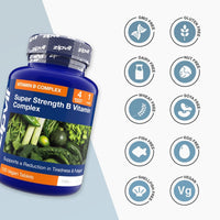 Blue bottle labeled Super Strength B Vitamin Complex beside ten allergen free icons including GMO Free Gluten Free Dairy Free Nut Free Wheat Free Soya Free Fish Free Egg Free Shellfish Free Vegan.