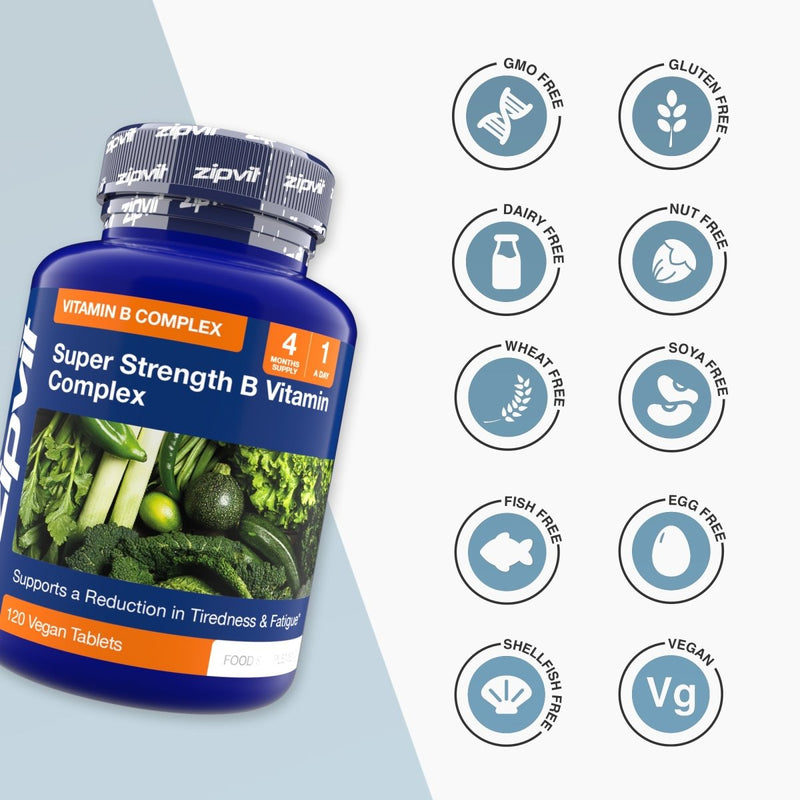 Blue bottle labeled Super Strength B Vitamin Complex beside ten allergen free icons including GMO Free Gluten Free Dairy Free Nut Free Wheat Free Soya Free Fish Free Egg Free Shellfish Free Vegan.