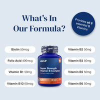A promotional graphic for a blue bottle of zipvit Super Strength Vitamin B Complex. The image features a light blue-gray background with dark blue text reading 'What's In Our Formula?' and a dark blue circular badge stating 'Provides all 8 essential B Vitamins'.