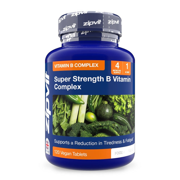 Blue bottle labeled Super Strength B Vitamin Complex with a vegetable collage on the label.