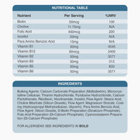 Nutritional table and ingredients panel for Super Strength B Vitamin Complex.