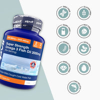 Angled blue bottle of Super Strength Omega 3 Fish Oil 2000mg with EPA 660mg and DHA 440mg per serving and allergen free icons to the right
