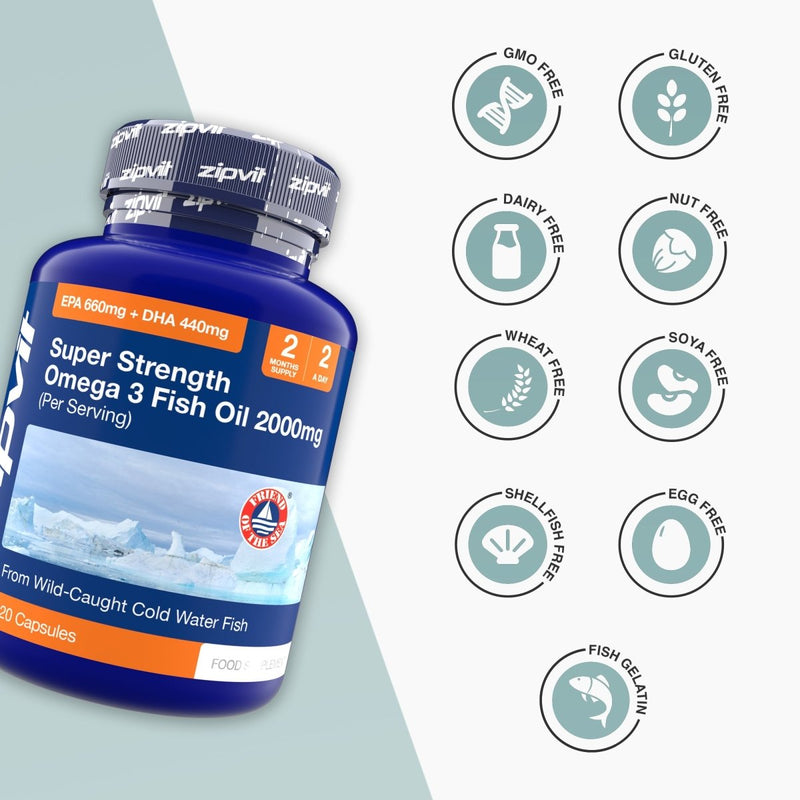 Angled blue bottle of Super Strength Omega 3 Fish Oil 2000mg with EPA 660mg and DHA 440mg per serving and allergen free icons to the right
