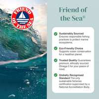 Friend of the Sea certification graphic showing ocean wave logo and sustainability bullet points