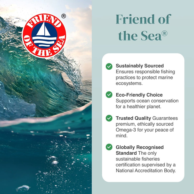 Friend of the Sea certification graphic showing ocean wave logo and sustainability bullet points