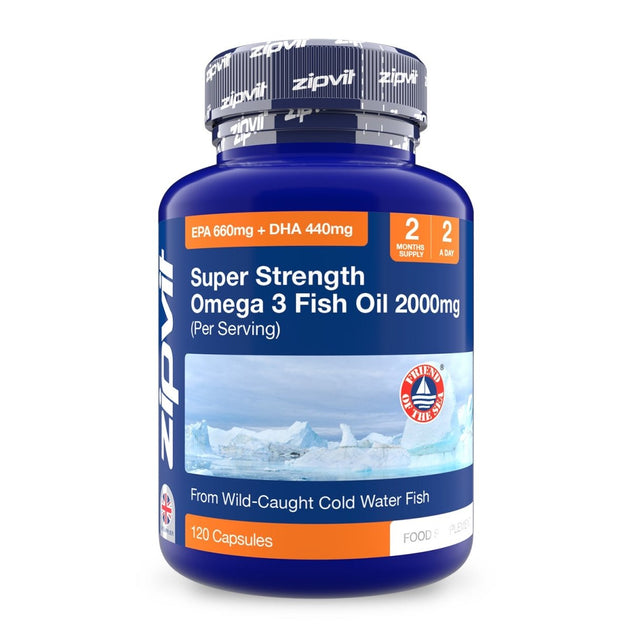 Blue bottle of Super Strength Omega 3 Fish Oil 2000mg with EPA 660mg and DHA 440mg displayed on the label