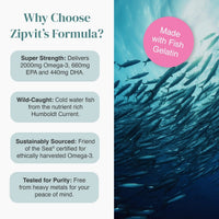 Why Choose Zipvit's Formula infographic showing omega-3 benefits and sustainable sourcing with a Made with Fish Gelatin badge
