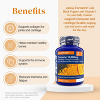Benefits infographic with three rounded icons beside a Turmeric 10,000mg bottle