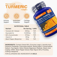 Blue Turmeric 10,000mg supplement bottle with BioPerine beside icons for Immune Support Antioxidant Protection and Cartilage Support