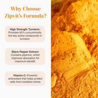 Why Choose Zipvit's Formula benefits panel with turmeric powder on the right and bottle on the left