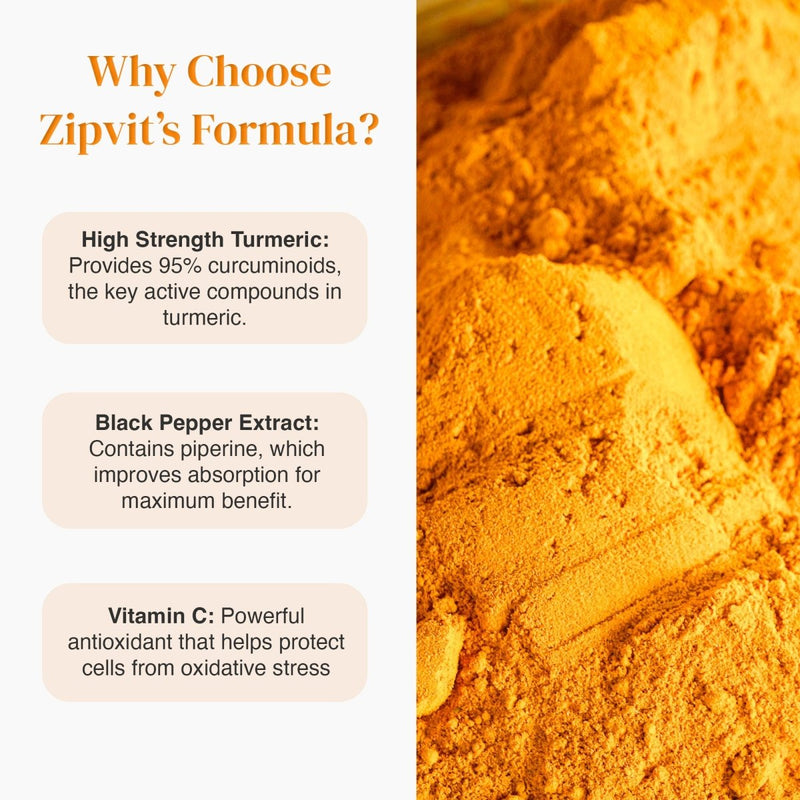 Why Choose Zipvit's Formula benefits panel with turmeric powder on the right and bottle on the left