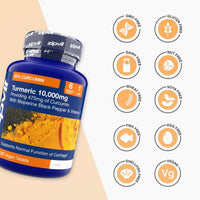 Turmeric 10,000mg bottle with a grid of free from icons including GMO Free gluten Free dairy Free nut Free wheat Free soy Free fish Free egg Free shellfish Free vegan