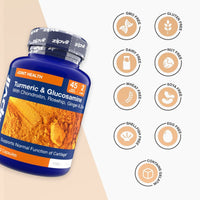 Blue Turmeric and Glucosamine Complex bottle with orange powder image and Joint Health label