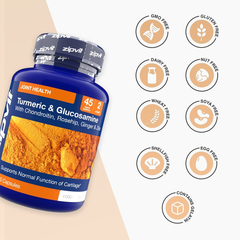 Blue Turmeric and Glucosamine Complex bottle with orange powder image and Joint Health label