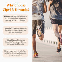 Why Choose Zipvit's Formula page with runners on the right and rounded benefit callouts on the left
