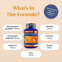 Blue Turmeric and Glucosamine Complex bottle with free from icons arranged to the right