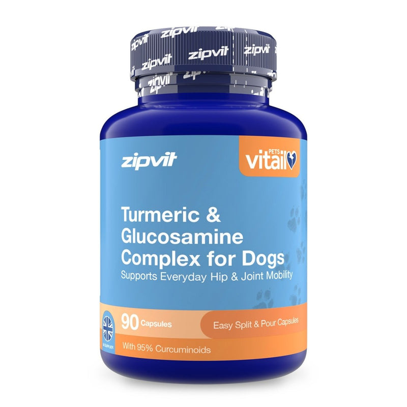 A blue plastic bottle of zipvit Vital Turmeric & Glucosamine Complex for Dogs, containing 90 capsules, shown on a clean white background.