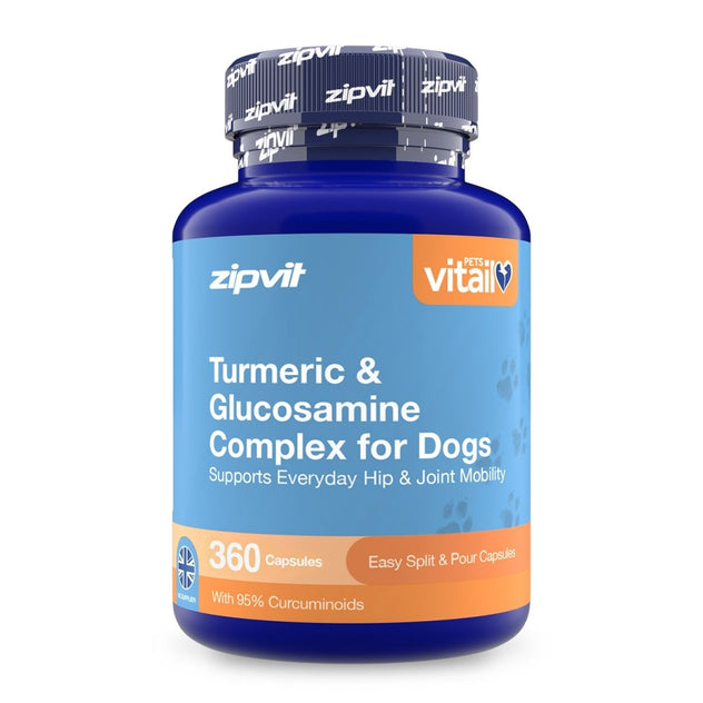 A blue plastic bottle of zipvit Vital Turmeric & Glucosamine Complex for Dogs, containing 90 capsules, shown on a clean white background.