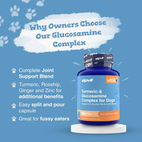 A blue and white product graphic for zipvit Turmeric & Glucosamine Complex for Dogs, featuring a bottle on a white pedestal against a blue background with paw prints and marketing text.