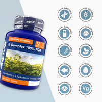 Blue B Complex bottle with ten circular allergen free badges on the right.