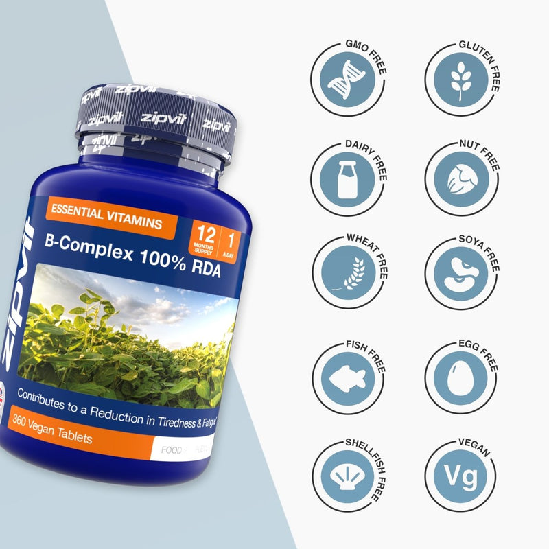 Blue B Complex bottle with ten circular allergen free badges on the right.