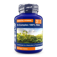 Blue bottle of B Complex 100% RDA supplement with a plant image on the label and an orange Essentials Vitamins banner