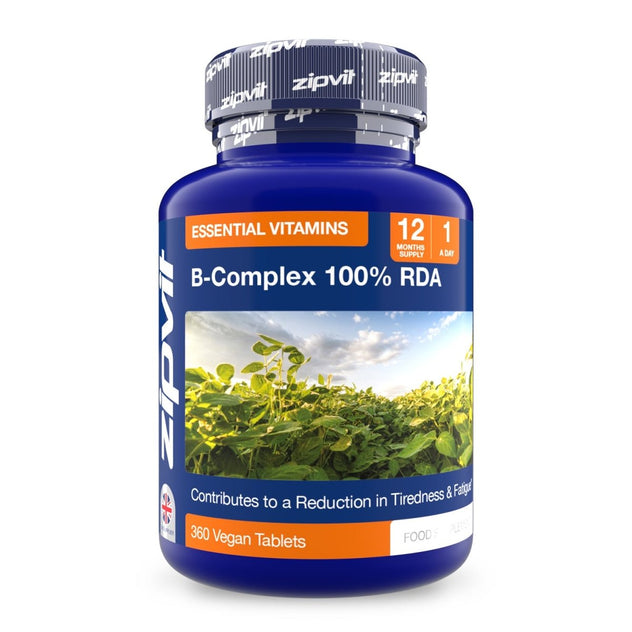 Blue bottle of B Complex 100% RDA supplement with a plant image on the label and an orange Essentials Vitamins banner